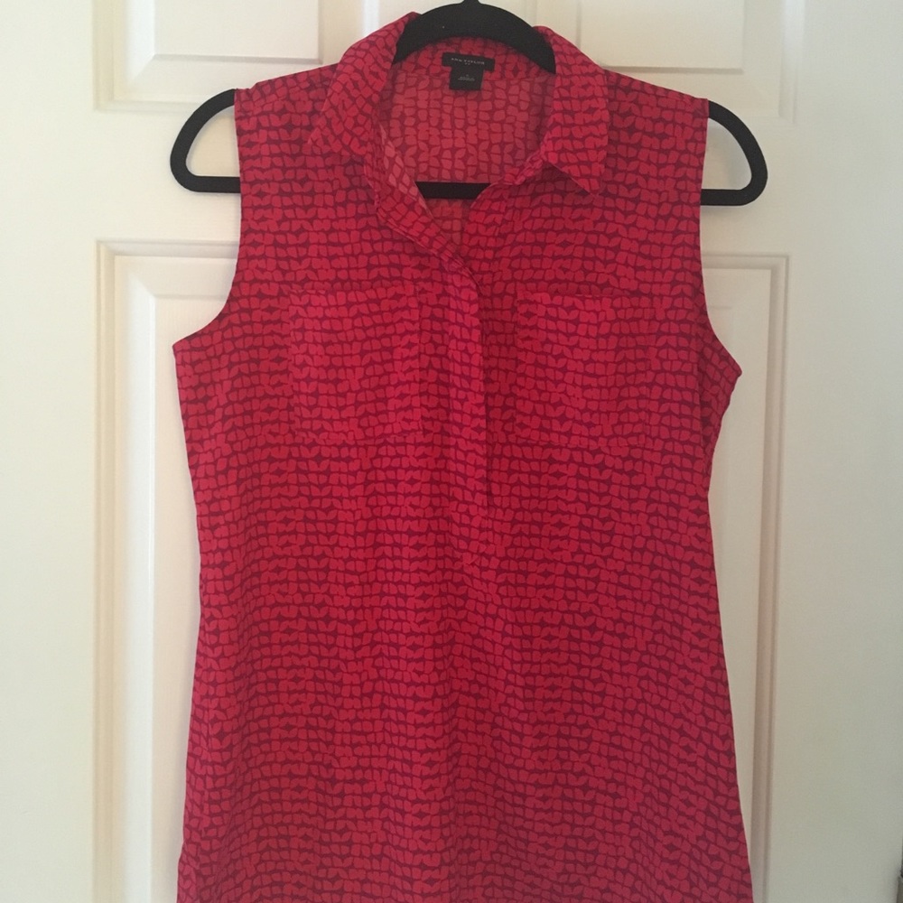 Ann Taylor Red Sleeveless Half Button Up Blouse